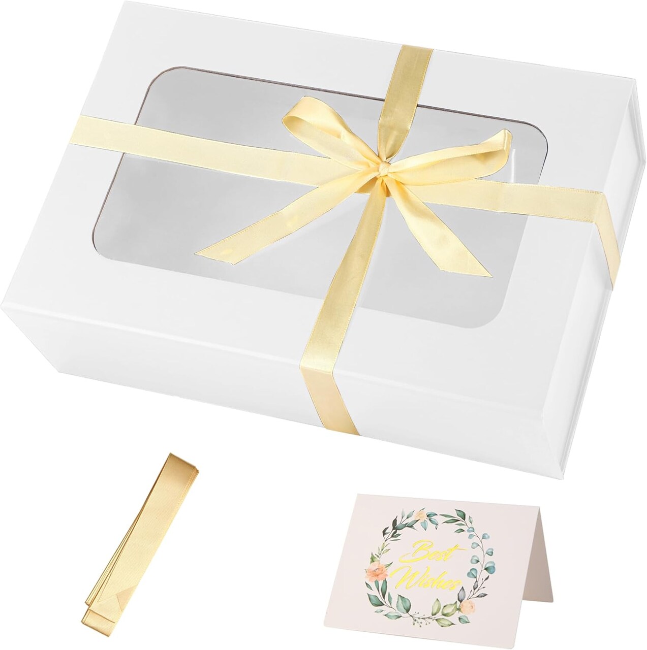 White Large Gift Box with Window – 13.5"x9"x4.3" – Bridesmaid Box, Birthday & Luxury Gift Box with Magnetic Closure, Ribbon & Card